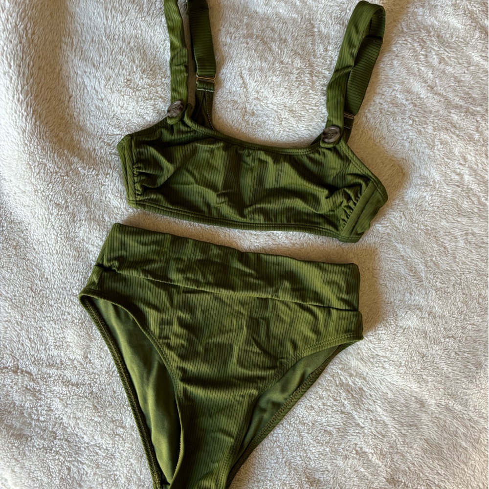 Ribbed high waisted olive bikini with button detail